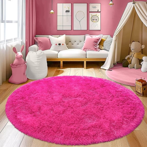 Jakolive Plush Shaggy 7'x7' Circular Carpet, Rose Red Princess Castle Design, Fluffy Kids' Rug, Adorable Accent, for Girls' Room, Living Space