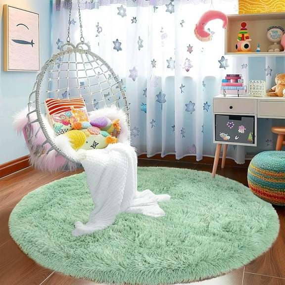 Jakolive Princess Castle Themed 5'x5' Round Rug, Mint Green Fluffy Plush Shaggy, Cute Kids' Carpet, Ideal for Girls' Bedroom & Living Room