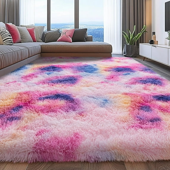 Jakolive Soft Fluffy Rug, 9x12, Shaggy Carpet for Bedrooms, Play Corners, Vibrant Plush Mat, A Fuzzy Accent That Brightens Living Rooms, Ideal for Babies, Toddlers and Teens, Tie-Dye Rainbow