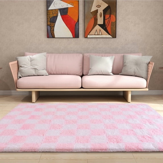JakoliveWhite pink Checkered Rug, 5x7ft, Thick Fluffy Plaid Area Rug, Anti-Slip Design for Bedroom, Living Room, Girls’ Space, Nursery & Dorm, Soft Indoor Floor Mat