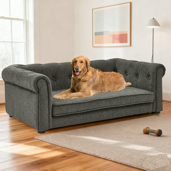 38.9" Elevated Tufted Pet Sofa – Medium Dog/Cat Loveseat Bed, Easy Assembly, Durable Fabric, Gray