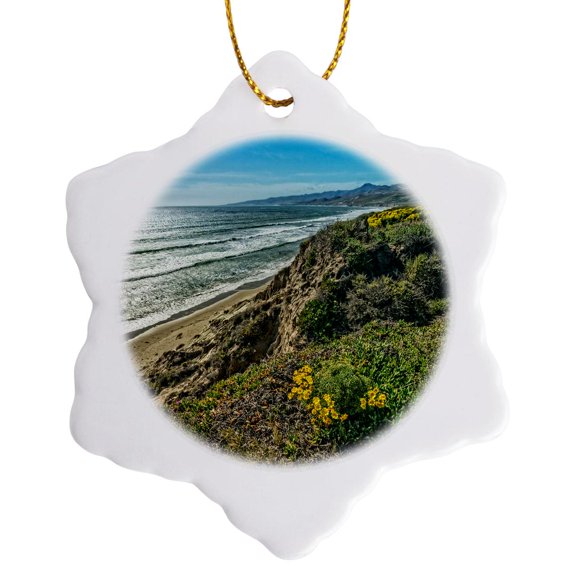 3drose, Jalama Beach Cliffs in California View, 3 inch Snowflake Porcelain Ornament