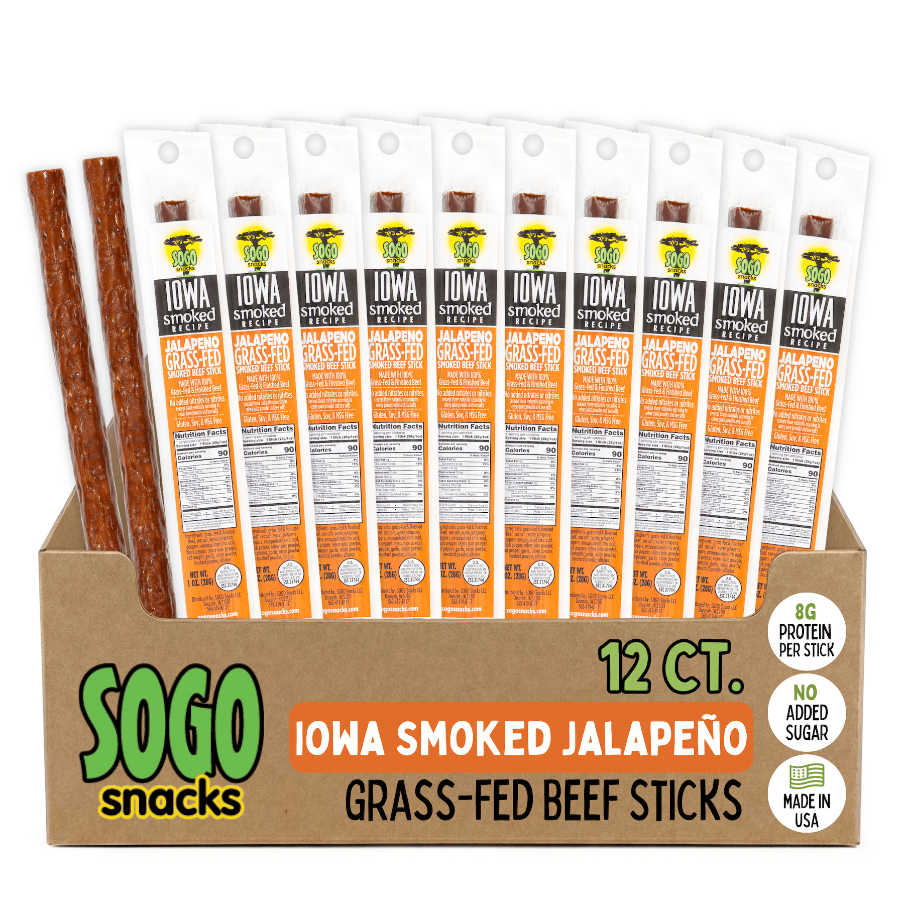 Jalapeño - Iowa Smoked Recipe, Sugar Free Beef Jerky, Grass Fed Beef Sticks. No Artificial Nitrates, Gluten, Soy, MSG, Dairy, or Nuts. Paleo, Whole30, & Keto Snack (12 Cnt)