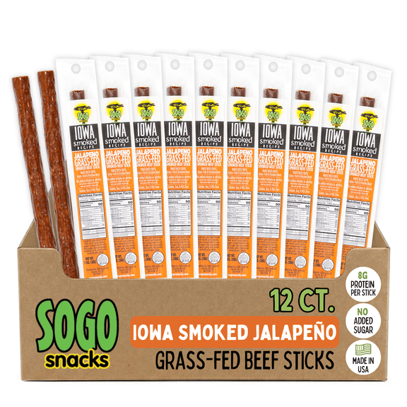 Jalapeo - Iowa Smoked Recipe, Sugar Free Beef Jerky, Grass Fed Beef Sticks. No Artificial Nitrates, Gluten, Soy, MSG, Dairy, or Nuts. Paleo, Whole30, & Keto Snack (12 Cnt)