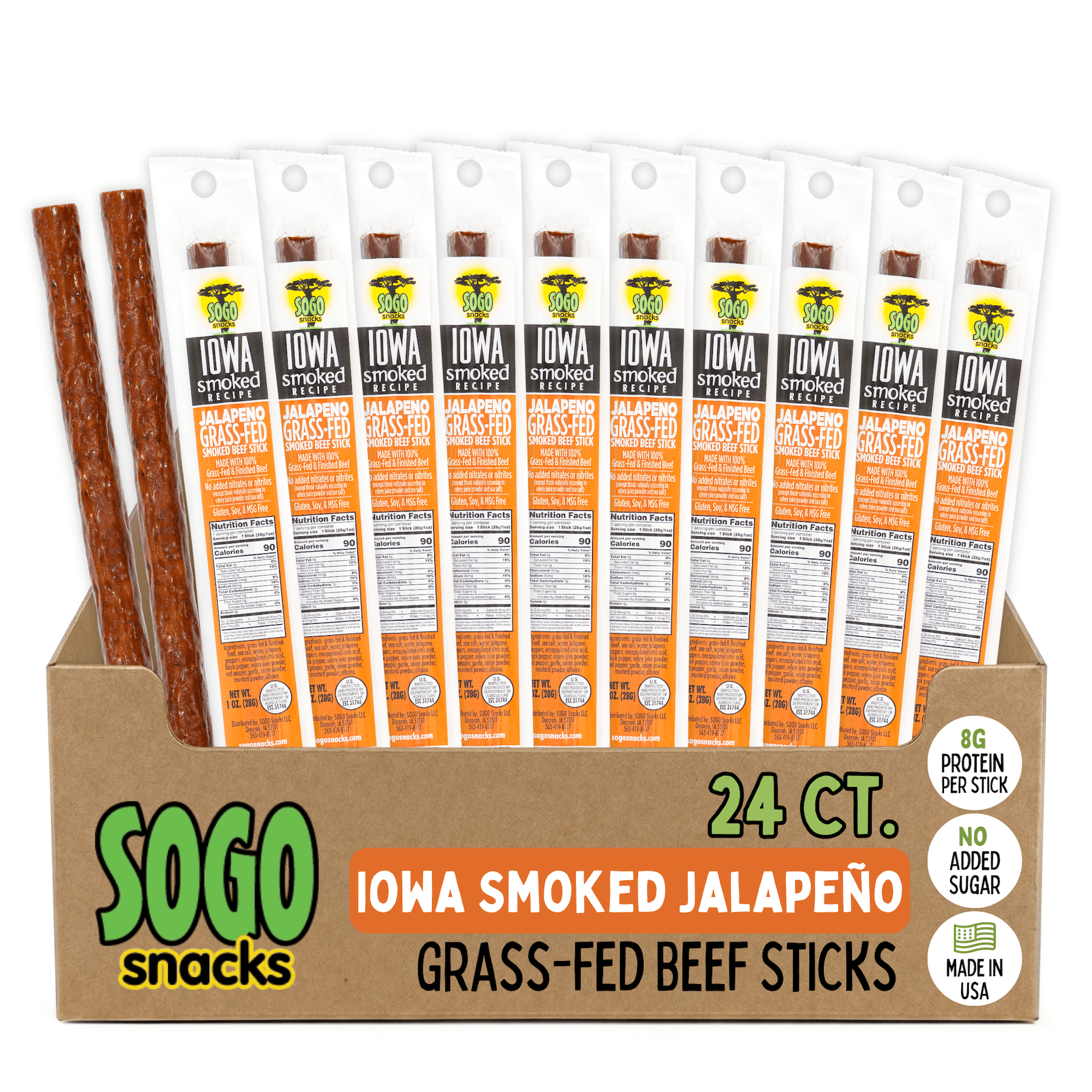 Jalapeño - Iowa Smoked Recipe, Sugar Free Beef Jerky, Grass Fed Beef Sticks. No Artificial Nitrates, Gluten, Soy, MSG, Dairy, or Nuts. Paleo, Whole30, & Keto Snack (24 Cnt)