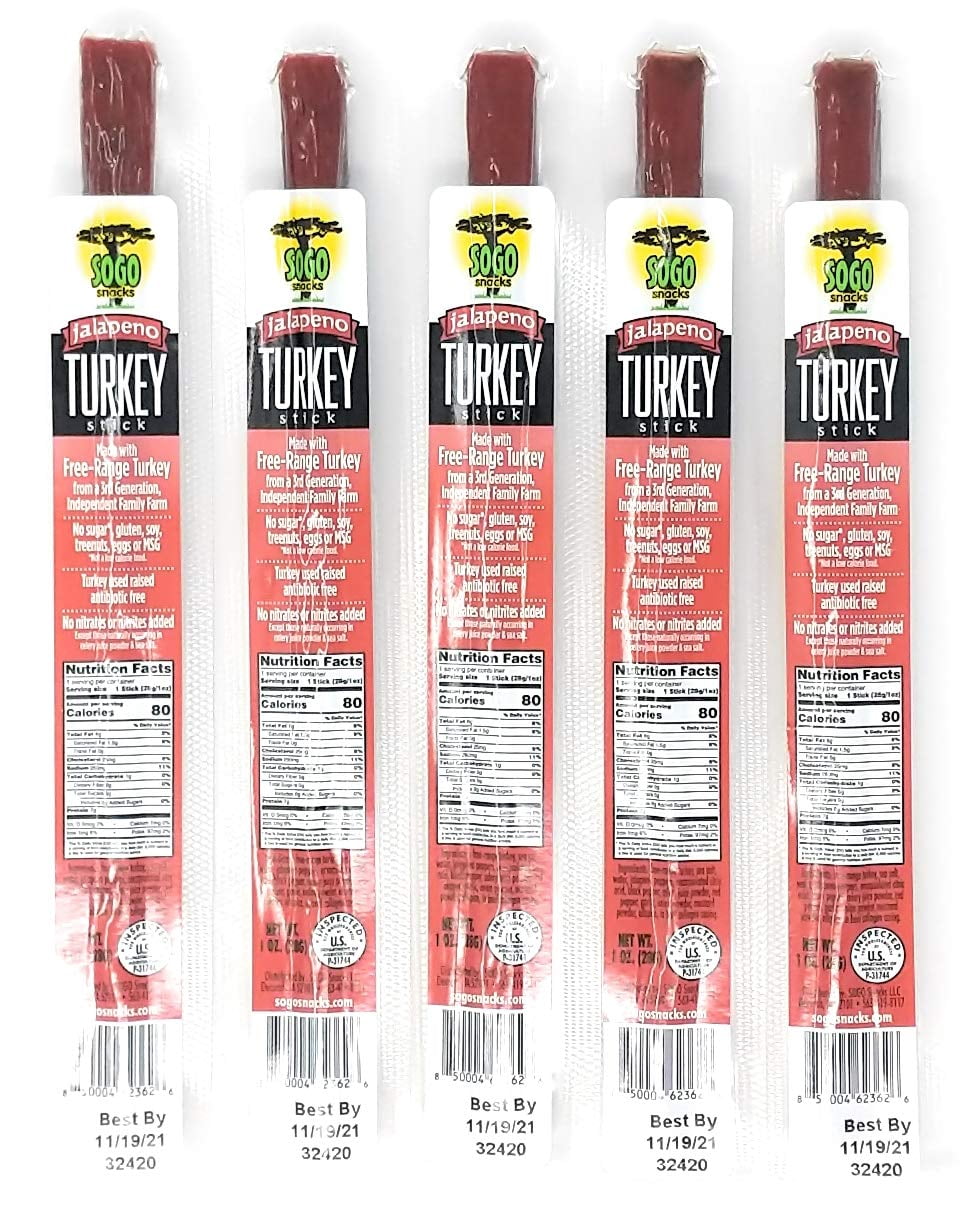 Jalapeno Turkey, Sogo Snacks, No Sugar, 100% Free-Range, Non-GMO Turkey Sticks. No Added Nitrates, Gluten, Soy, MSG, Dairy, Nuts. Keto, Paleo Friendly (Turkey Jalapeno, 1-oz, 12 Cnt)