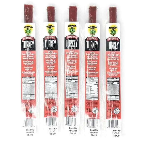 Jalapeno Turkey, Sogo Snacks, No Sugar, 100% Free-Range, Non-GMO Turkey Sticks. No Added Nitrates, Gluten, Soy, MSG, Dairy, Nuts. Keto, Paleo Friendly (Turkey Jalapeno, 1-oz, 12 Cnt)
