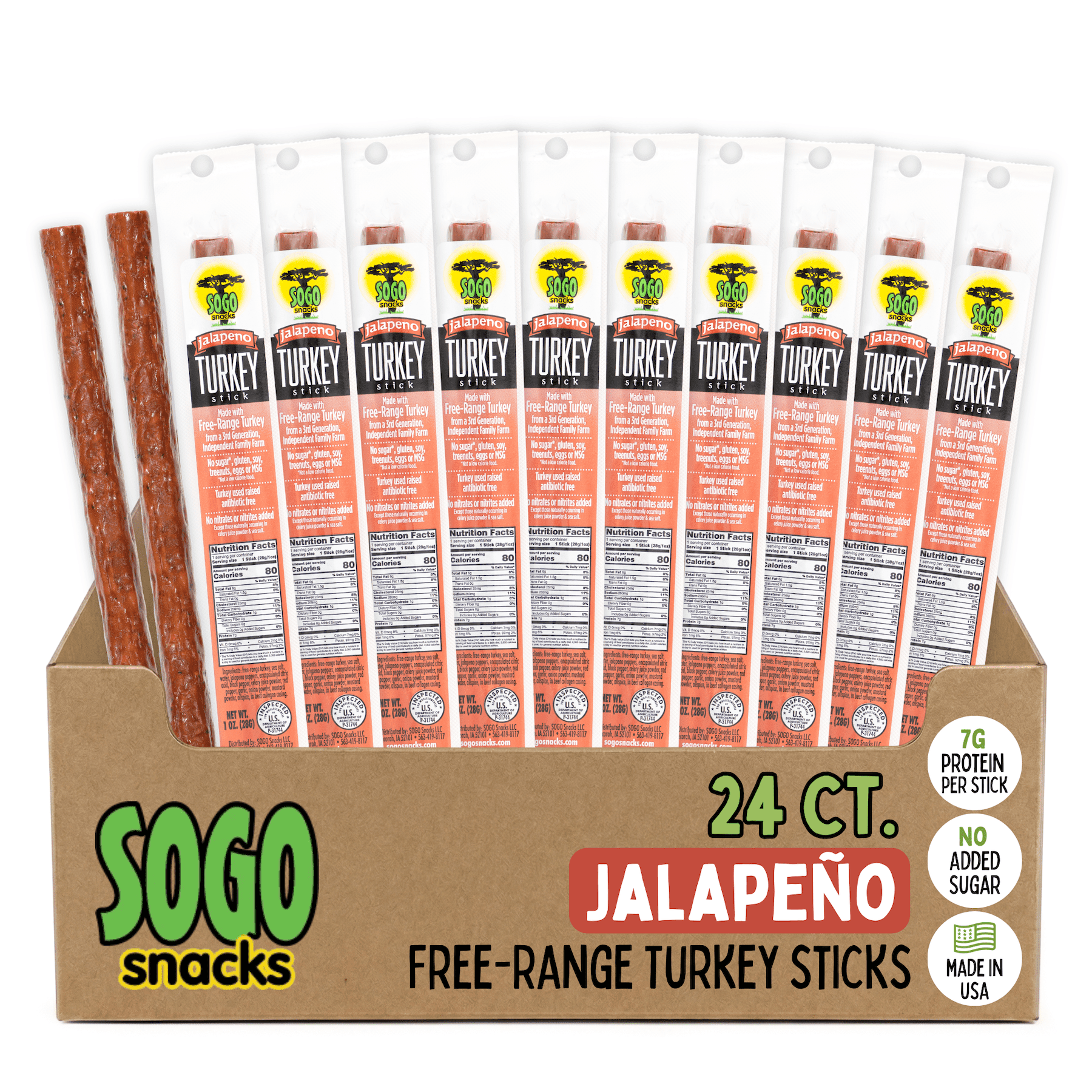 Sogo Snacks Jalapeno Turkey Jerky Sticks, Ketogenic, Free-Range, No Sugar, Low Carb, Gluten Free, 24 Count