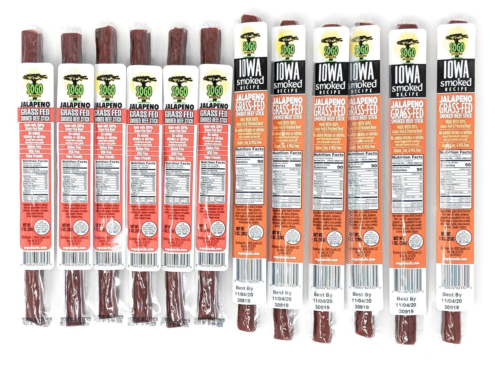 Jalapeno Variety, Sogo Snacks, No Sugar, 100% Grass-fed, Non-GMO Beef Sticks. No Nitrates, Gluten, Soy, MSG, Dairy or Nuts. Keto, Paleo Friendly (24 Jalapeno, 24 IASM Jalapeno, 1-oz, 48-cnt)