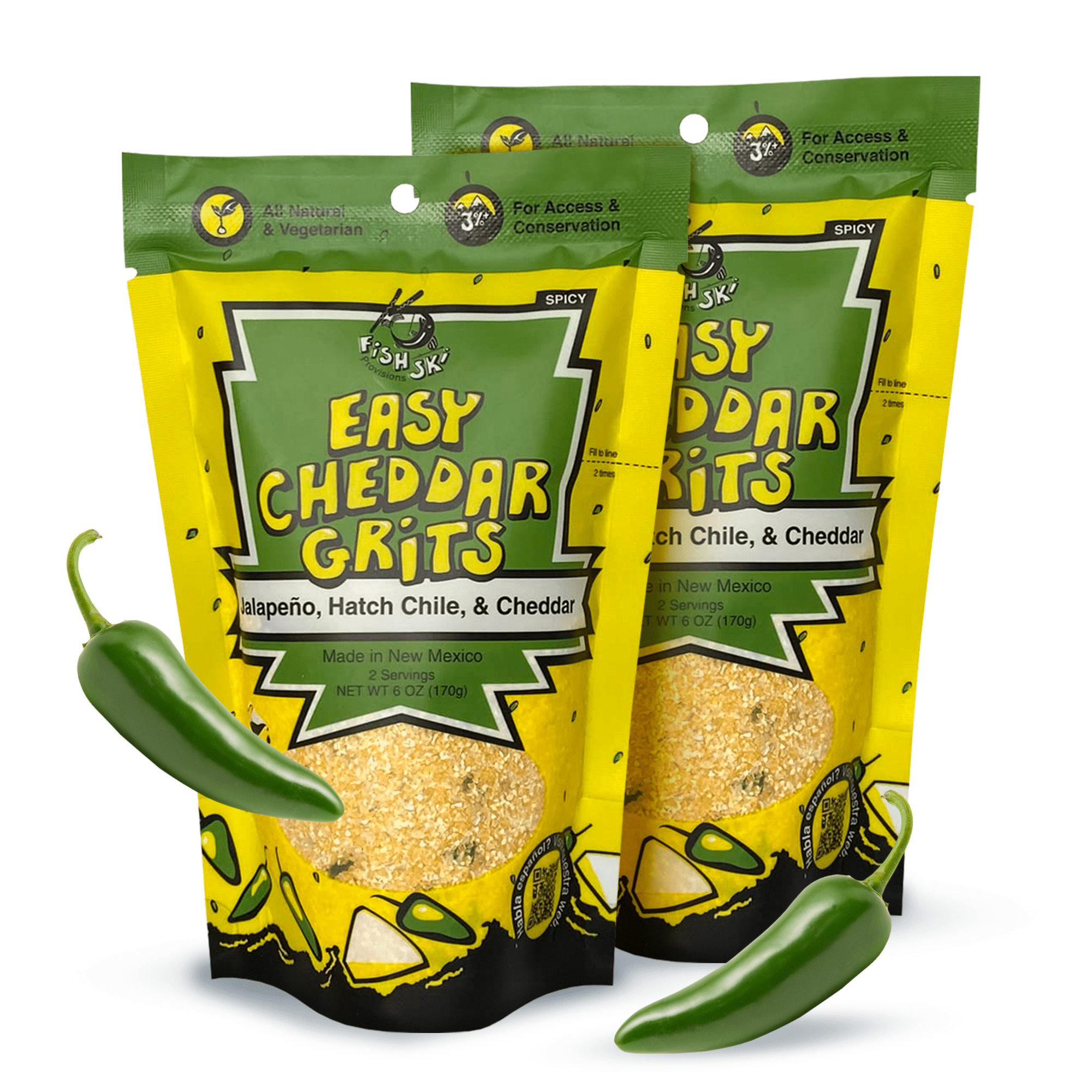Jalapeno Yellow Corn Grits with Cheddar Cheese + Hatch Green Chile + Garlic, by FishSki