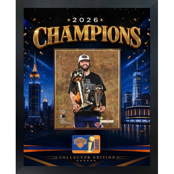 Jalen Brunson New York Knicks Gold Celebration Design Framed PhotoGlass Photo Display 18x22" PhotoGlass Graphic Wall Art Black Frame