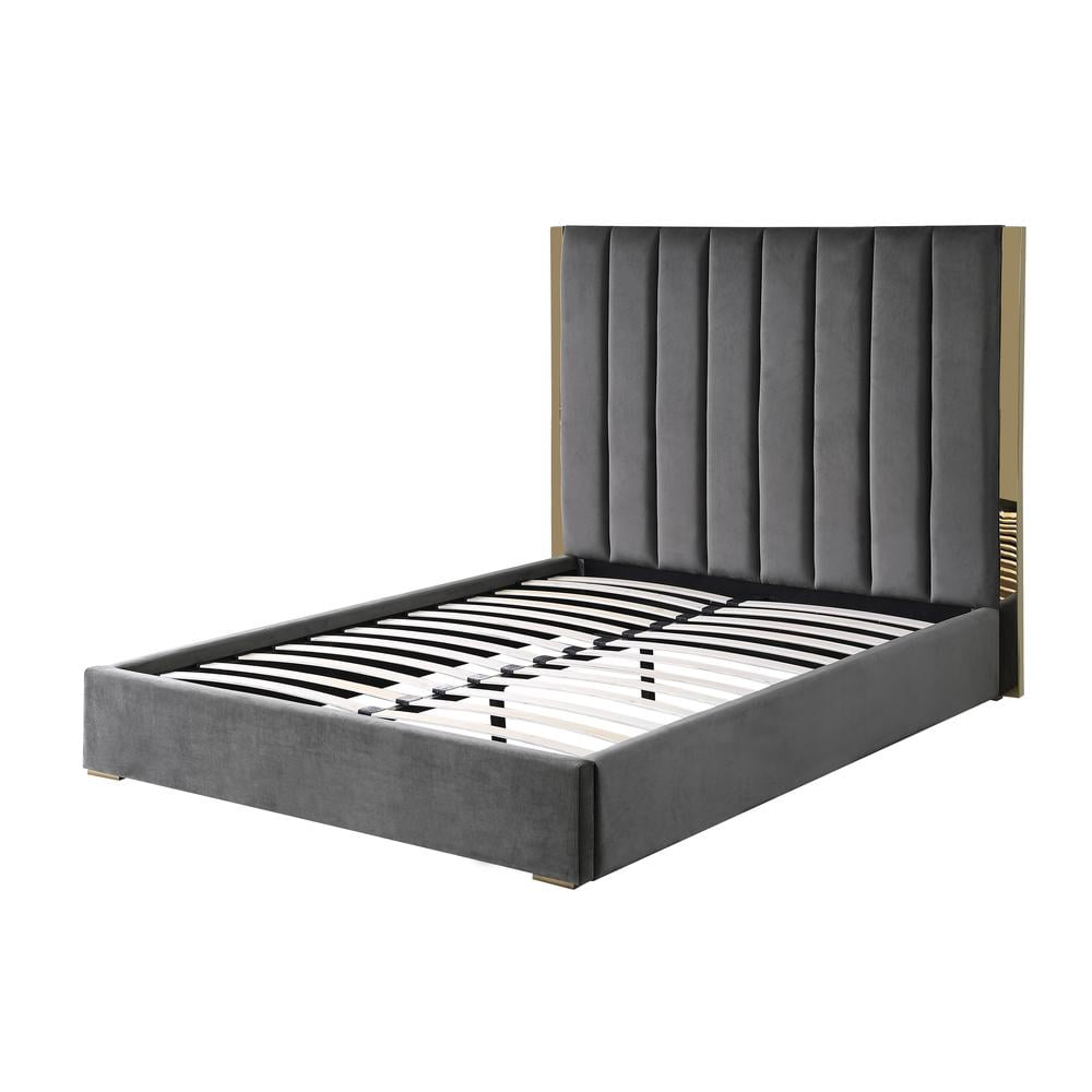 Jalen King Dark Gray Velvet Upholstered Platform Bed with Gold Accents
