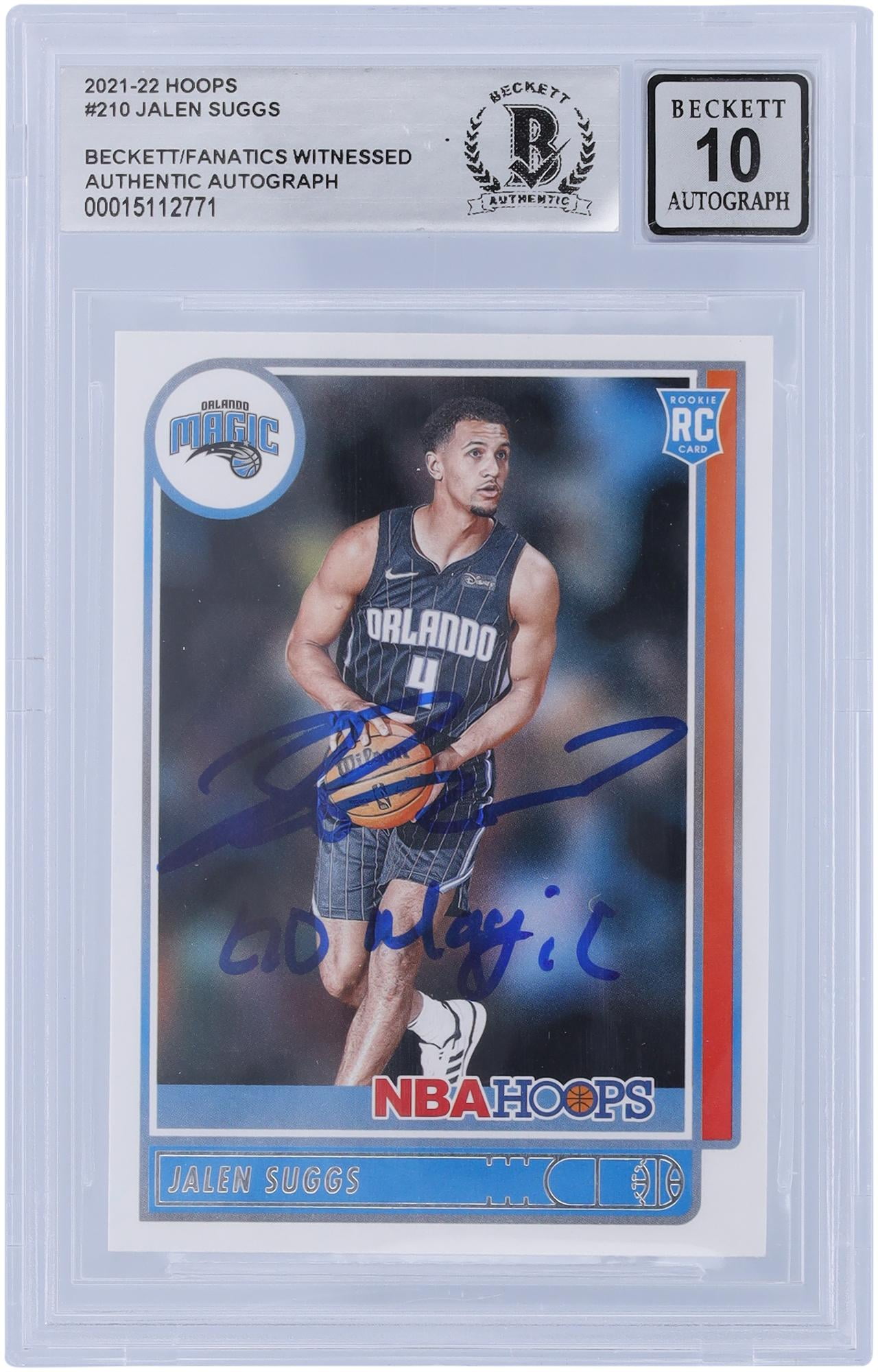 Jalen Suggs Orlando Magic Autographed 2021-22 Panini NBA Hoops #210 Beckett Fanatics Witnessed Authenticated 10 Rookie Card with "Go Magic" Inscription - Fanatics Authentic Certified