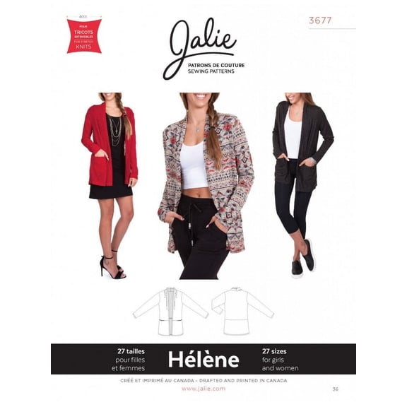 Jalie Sewing Pattern 3677 Helene Shawl Collar Cardigan Kids, Teenagers, Women