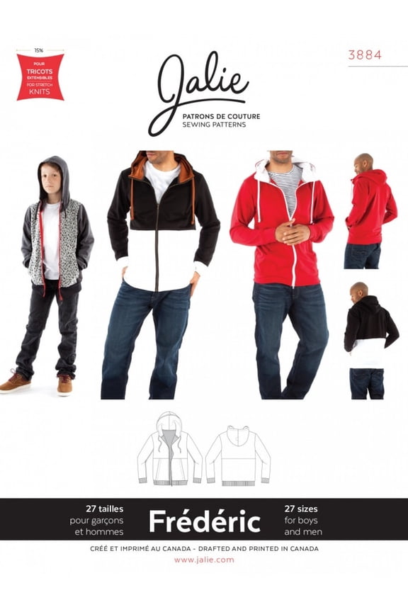 Sewing Pattern 3884 Frederic Hoodie Kids, Teenagers, Men 27 Sizes