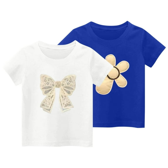 Jalioing 2 Pack Girls Graphic Tee Crewneck Short Sleeve Cotton T Shirts 2-11 Years Kids Summer Tops Clothes