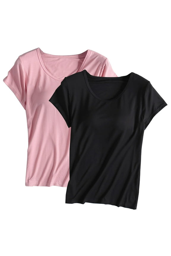 2 Pack Sleep Tshirt Womens Plus Size Pajamas Top with Built in Bra Summer Short Sleeve Tops