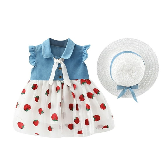Jalioing 2 Piece Dress Set for Baby Girl Sleeveless Denim Tulle Skirt Flying Sleeves Print Dresses with Hat (2-3 Years, Red)