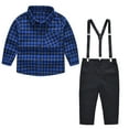 thumbnail image 1 of Jalioing 2 Piece Gentleman Outfits for Toddler Kids Boys Plaid Lapel Button Shirt with Overalls Pant Set (12-18 Months, Blue), 1 of 9