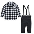 thumbnail image 1 of Jalioing 2 Piece Gentleman Outfits for Toddler Kids Boys Plaid Lapel Button Shirt with Overalls Pant Set (3-4 Years, White), 1 of 9
