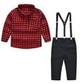 thumbnail image 1 of Jalioing 2 Piece Gentleman Outfits for Toddler Kids Boys Plaid Lapel Button Shirt with Overalls Pant Set (4-5 Years, Red), 1 of 9