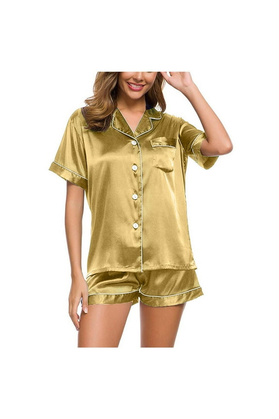 Satin Pajama Set for Women 2 Piece Shorts Set Button Down Short Sleeve and Shorts Lounge Set