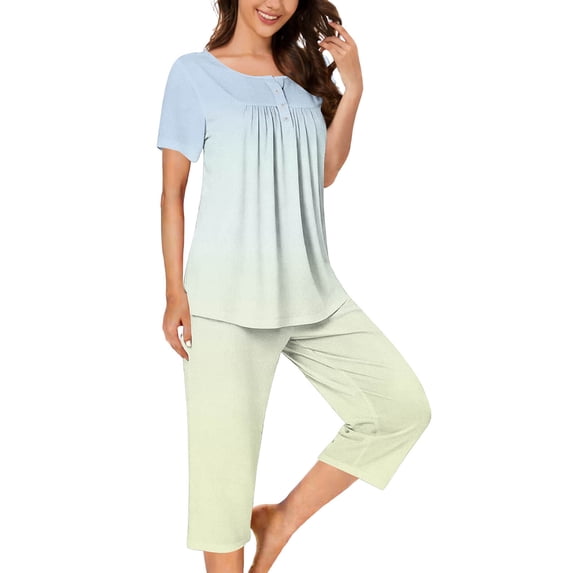 Jalioing 2 Piece Pjs Set for Women Fashion Casual Print Short Sleeve Tops Capris Pajama Set Comfy Loose Summer Sleepwear