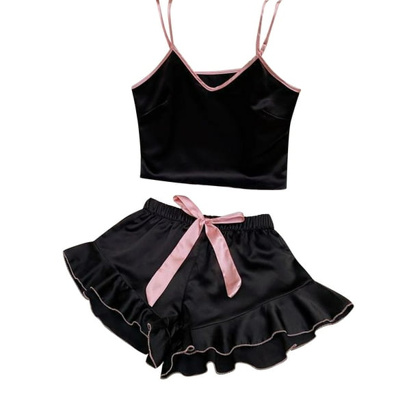 Jalioing 2 Piece Satin Pajamas Outfits Womens Shorts Loungewear Set Spaghetti Strap Crop Top Sleepwear