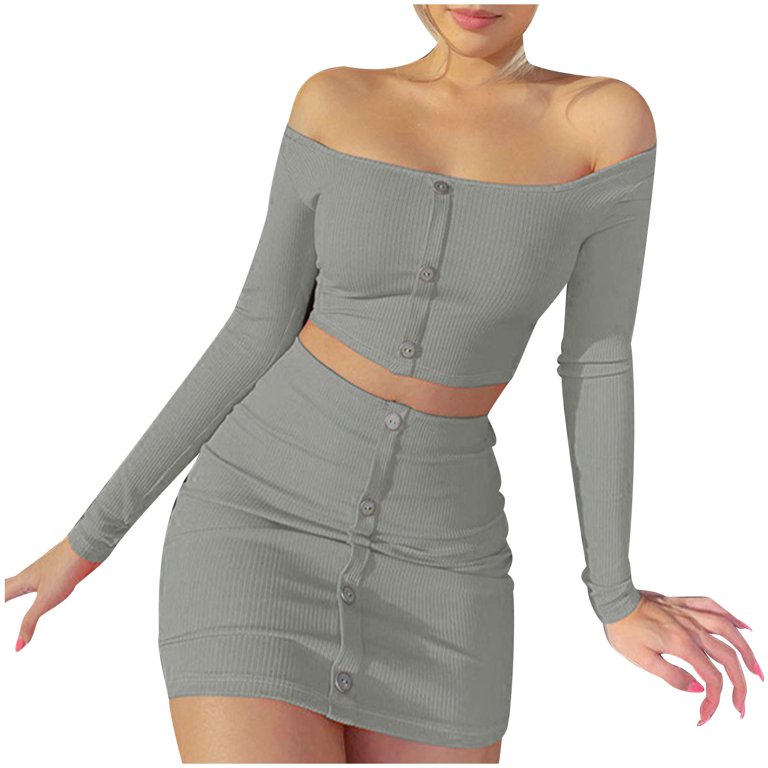 【Anyone more】Gray Two Crop Setup SKIRT Jalioing 2 Piece Skirt Sets for Women Tight Set off Shoulder