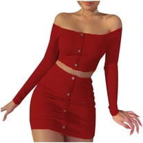 Jalioing 2 Piece Skirt Sets for Women Tight Set off Shoulder Long Sleeve Crop Top with Button Mini Skirts