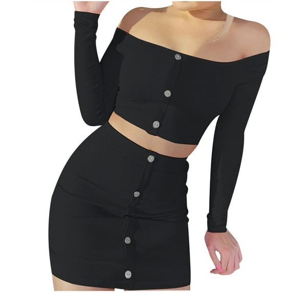 Jalioing 2 Piece Skirt Sets for Women Tight Set off Shoulder Long Sleeve Crop Top with Button Mini Skirts