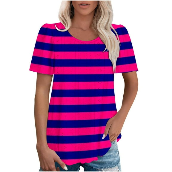 Jalioing Womens Summer Shirt Color Block Striped Short Sleeve Crew Neck Tunic Shirt Dressy Casual Tee Shirt