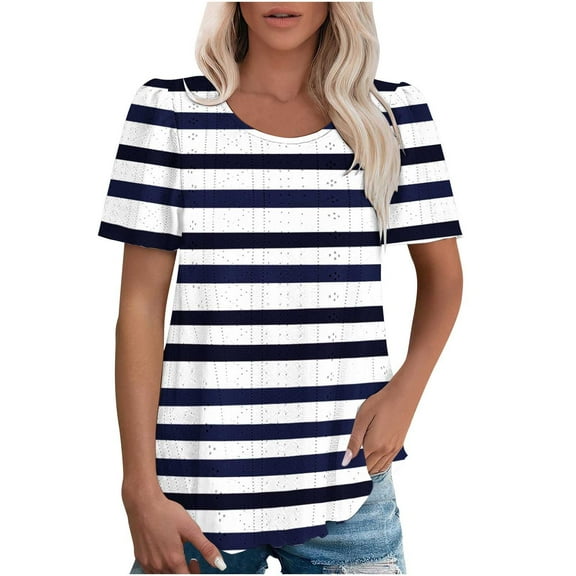 Jalioing Womens Summer Shirt Color Block Striped Short Sleeve Crew Neck Tunic Shirt Dressy Casual Tee Shirt