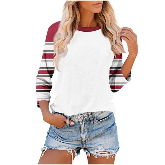 Jalioing 3/4 Sleeve Casual Tops for Women Striped Color Block Fashion T Shirt Trendy Crew Neck Tee