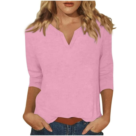 Jalioing 3/4 Sleeve Casual Tops for Women V Neck Casual Basic Summer Shirts Solid Color Fashion Pullover Tees