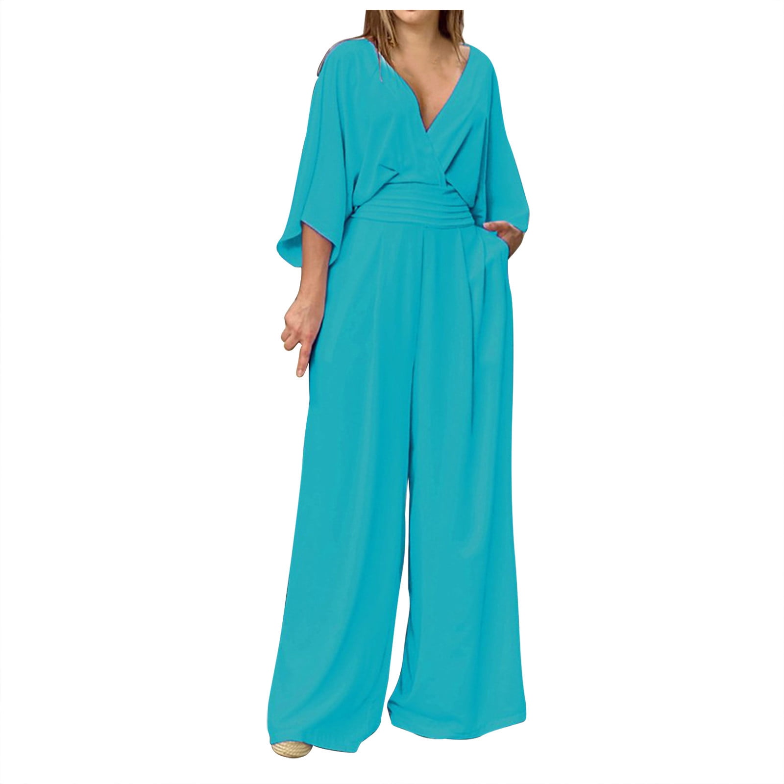 High Neck 3/4 Sleeves Formal Jumpsuits for Women with Ruffles