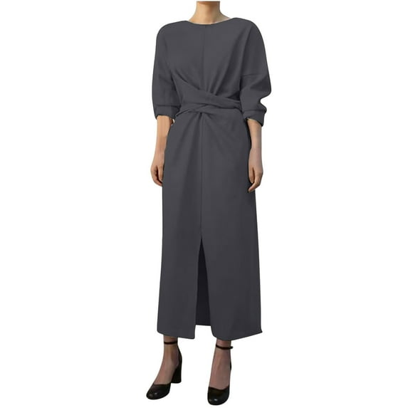 Jalioing 3/4 Sleeve Maxi Dress for Women Pleated Waist Dresses Crew Neck Split Hem A-Line Dressy Sundress (Medium, Gray)