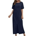 thumbnail image 1 of Jalioing 3/4 Sleeve Maxi Dress for Women Pleated Waist Dresses Crew Neck Split Hem A-Line Dressy Sundress (X-Large, Navy), 1 of 5