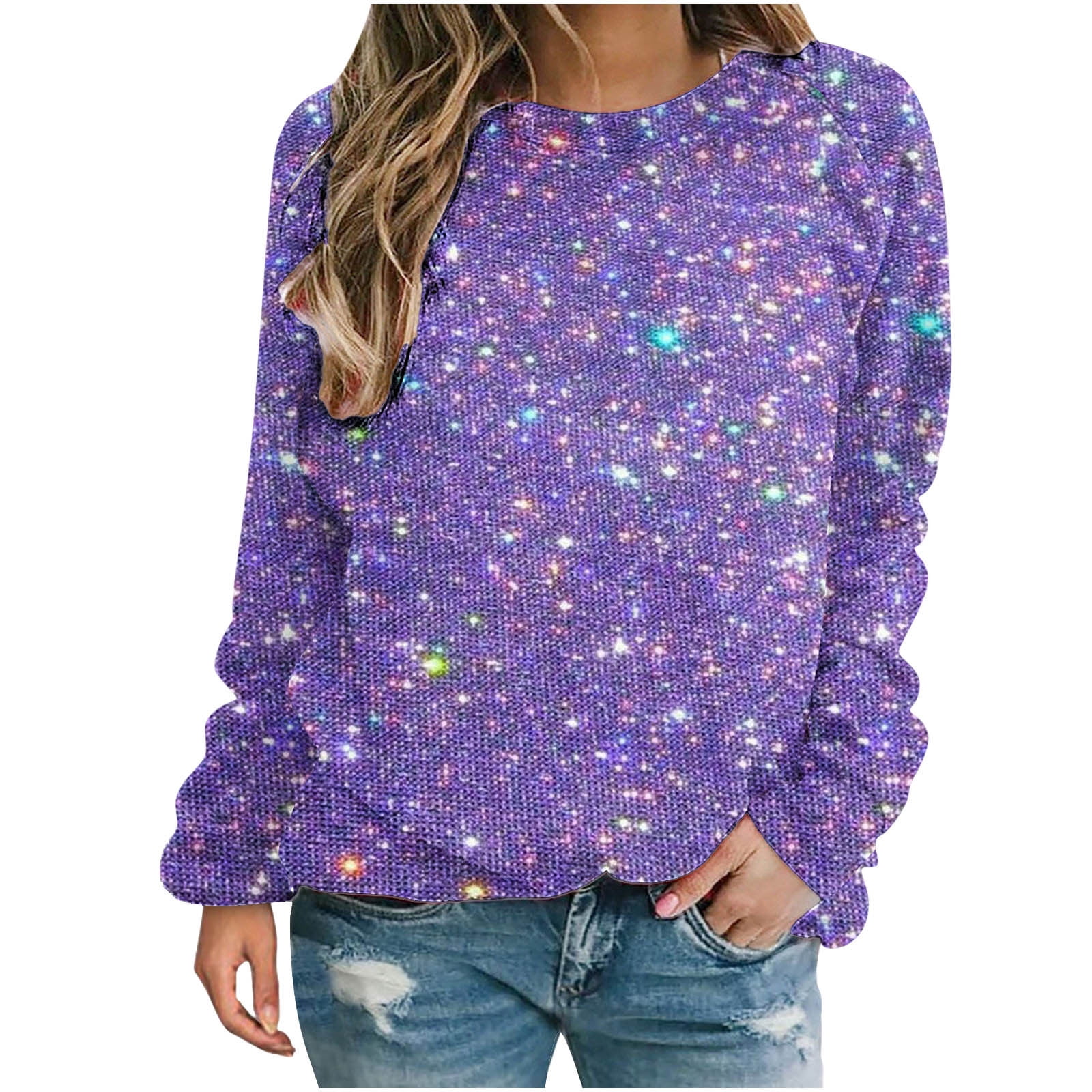 Jalioing 3/4 Sleeve Sequin Blouse for Women Crew Neck Top Sparkly Half ...