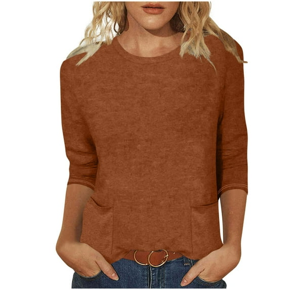 Jalioing 3/4 Sleeve Shirts Women's Crew Neck Basic Tops with Pocket Fashion Casual Solid Color T Shirts Outfits