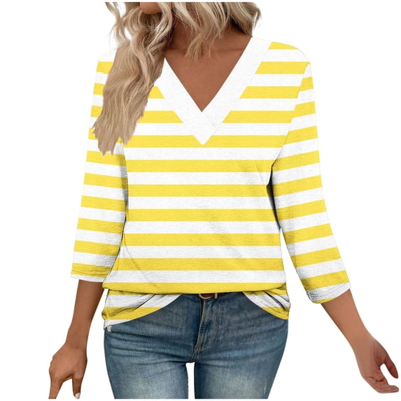 Jalioing 3/4 Sleeve Shirts for Women Casual Print V Neck Spring Summer Tees Tops Fashion Loose T Shirt Clothes