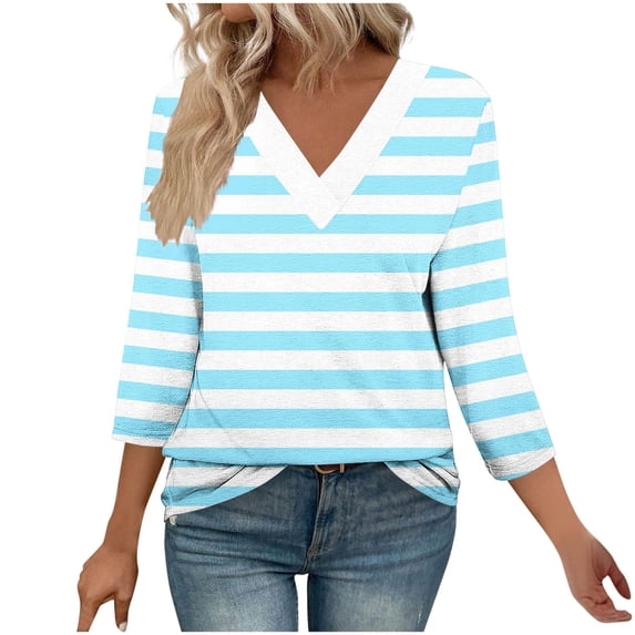 Jalioing 3/4 Sleeve Shirts for Women Casual Print V Neck Spring Summer Tees Tops Fashion Loose T Shirt Clothes