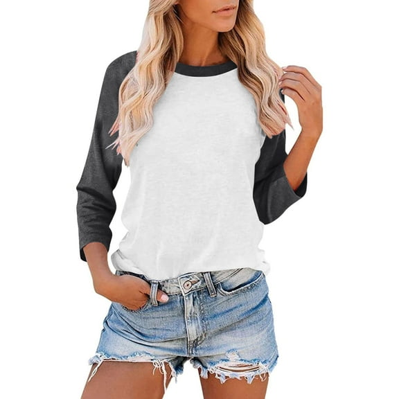 Jalioing 3/4 Sleeve T Shirt for Women Color Block Casual Loose Shirts Summer Trendy Crew Neck Basic Tee