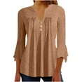 thumbnail image 1 of Jalioing 3/4 Sleeve for Women Crewneck Blouse Button V Neck Solid Color Ruffle Flare Sleeve Slim Shirts (Large, Khaki), 1 of 7