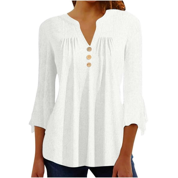 Jalioing 3/4 Sleeve for Women Crewneck Blouse Button V Neck Solid Color Ruffle Flare Sleeve Slim Shirts (Medium, White)