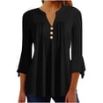 thumbnail image 1 of Jalioing 3/4 Sleeve for Women Crewneck Blouse Button V Neck Solid Color Ruffle Flare Sleeve Slim Shirts (X-Large, Black), 1 of 7