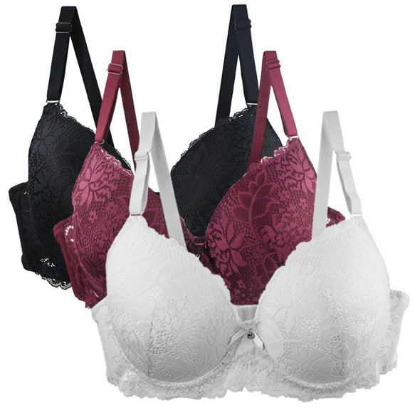 Jalioing 3 Pack Women's Push Up Bra Seamless Lace Bralettes with Adjustable Strap Full Coverage Everyday Bra