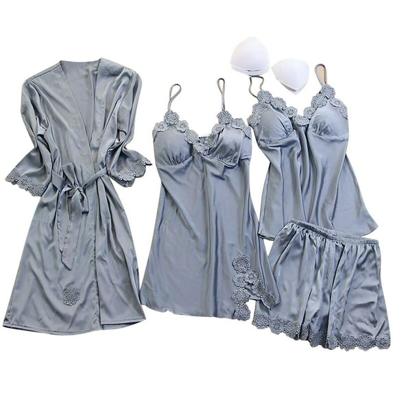 Jalioing 4 Piece Pajamas Set Womens Lace Cardigan & Mini Nightgown with Camisole & Shorts Satin Lounge Sets
