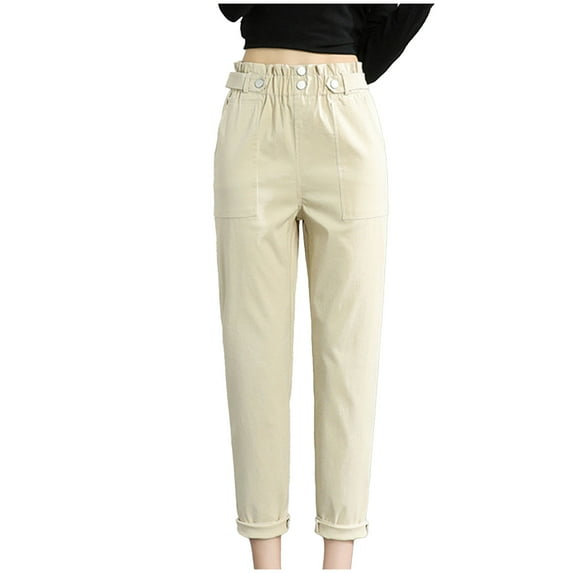 Jalioing Ankle Length Pants for Women Button Pleated Elastic Waist Solid Color Baggy Straight Slacks (Small, Beige)