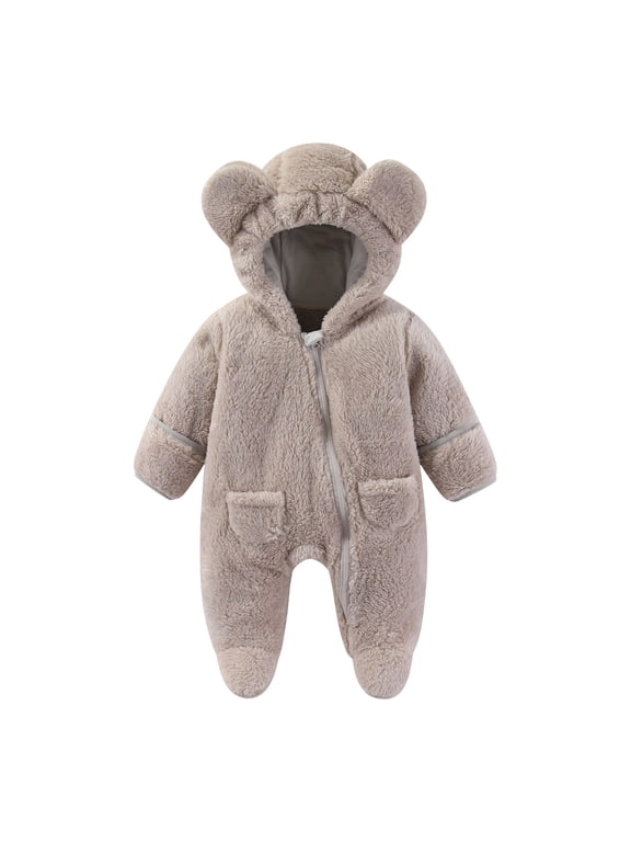 Baby Snowsuit Winter Thermal Fuzzy Fleece Footed Rompers Ear Hooded Zipper Long Sleeve Jumpsuit for Infant